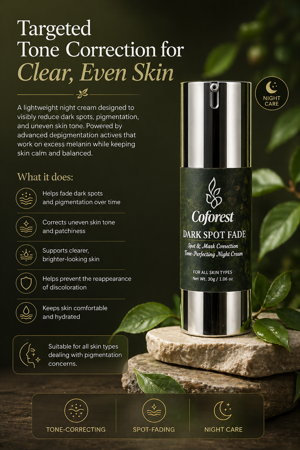 Dark Spot Fade Face Cream <br><br>Tone Perfecting Night Cream | Enhances Skin Clarity | Helps Visibly Fade Dark Spots & Pigmentation - 30g