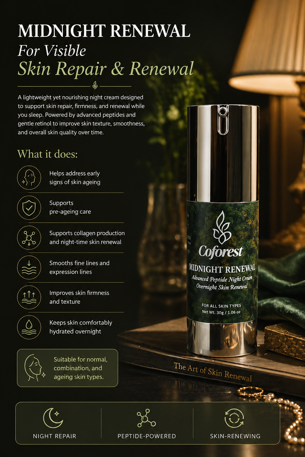 Midnight Renewal Face Cream <br><br> Advanced Peptide Night Cream with with Copper Tripeptide-1 & Retinol | Deep Repair, Overnight Renewal, Rested Skin by Morning - 30g