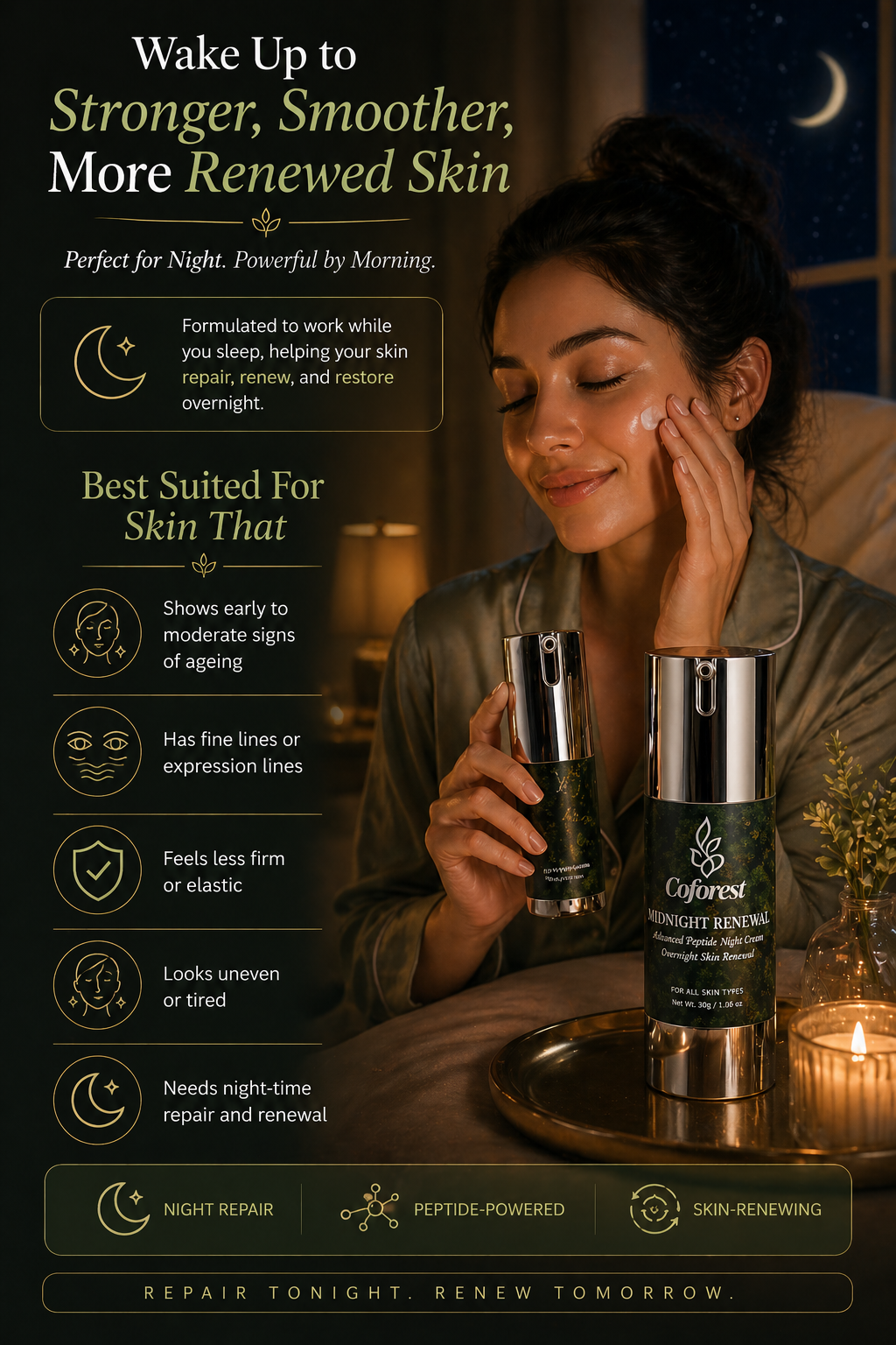 Midnight Renewal Face Cream <br><br> Advanced Peptide Night Cream with with Copper Tripeptide-1 & Retinol | Deep Repair, Overnight Renewal, Rested Skin by Morning - 30g