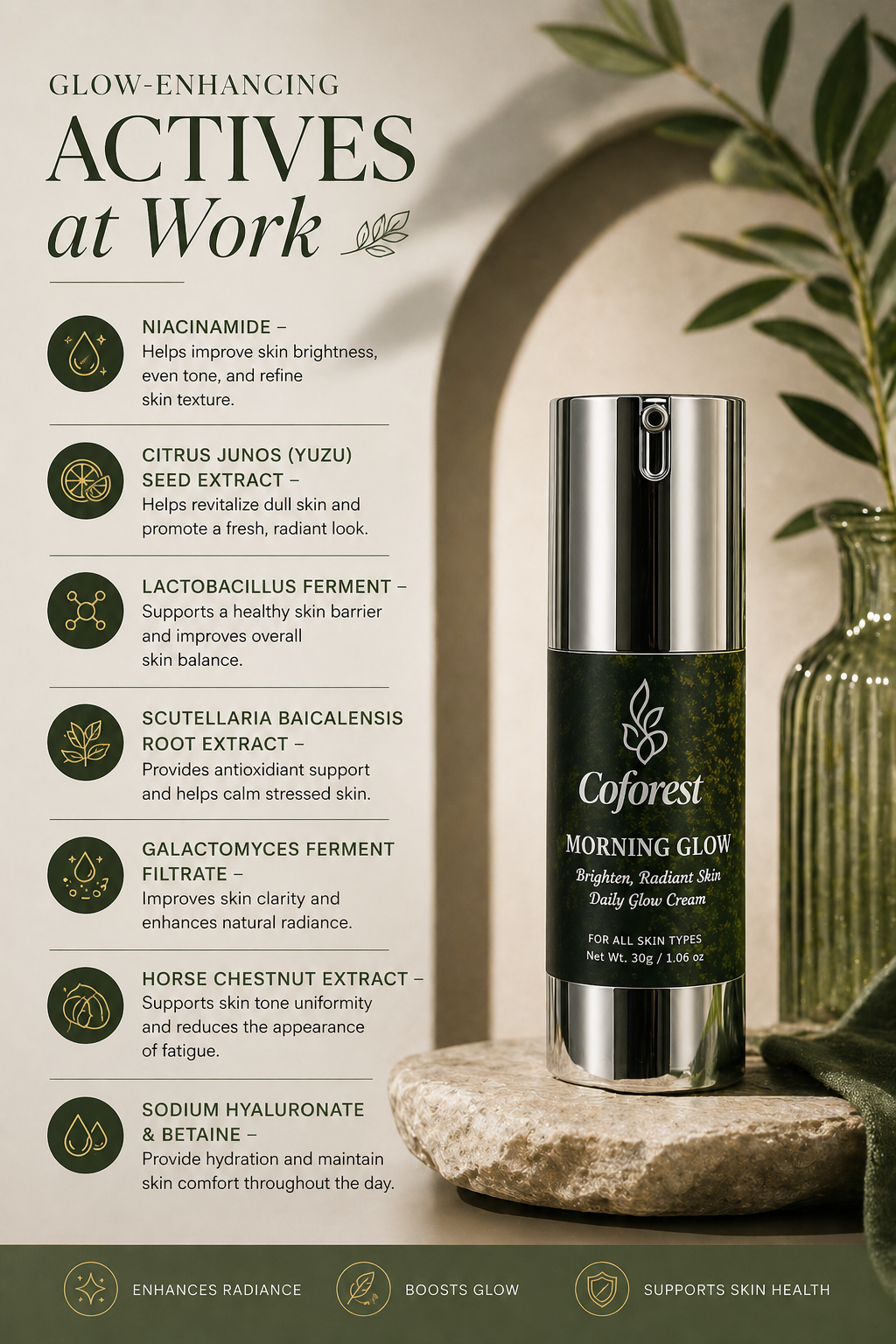 Morning Glow Day Cream <br><br>With Niacinamide, Hyaluronic Acid, Centella Asiatica | Lightweight, Long-Lasting Hydration | For Clearer, Brighter-Looking Complexion - 30g