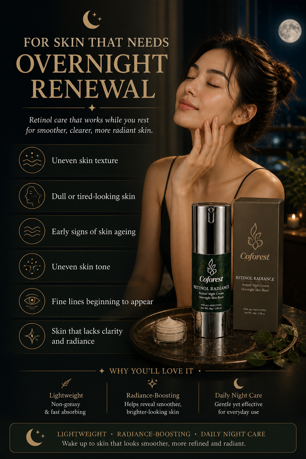 Retinol Radiance Face Cream <br><br> Overnight Renewal, Refined Texture, Healthy Glow | Reduces Dullness and Uneven Tone | For Firmer, Healthier-Looking Skin - 30g