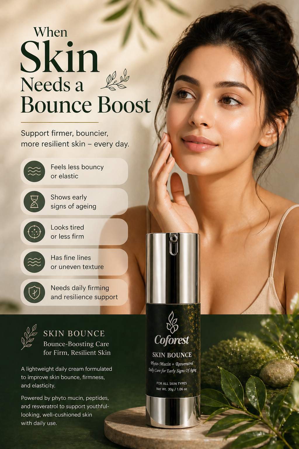 Skin Bounce Face Cream <br><br>With Peptides, Phyto Mucin & Resveratrol | Plump, Resilient, Youthfully Bouncy Skin | Anti-Aging, Hydrating, Helps Smoothen Finelines - 30g