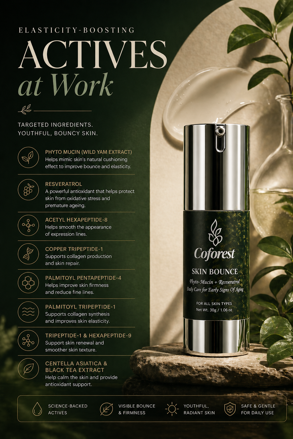 Skin Bounce Face Cream <br><br>With Peptides, Phyto Mucin & Resveratrol | Plump, Resilient, Youthfully Bouncy Skin | Anti-Aging, Hydrating, Helps Smoothen Finelines - 30g