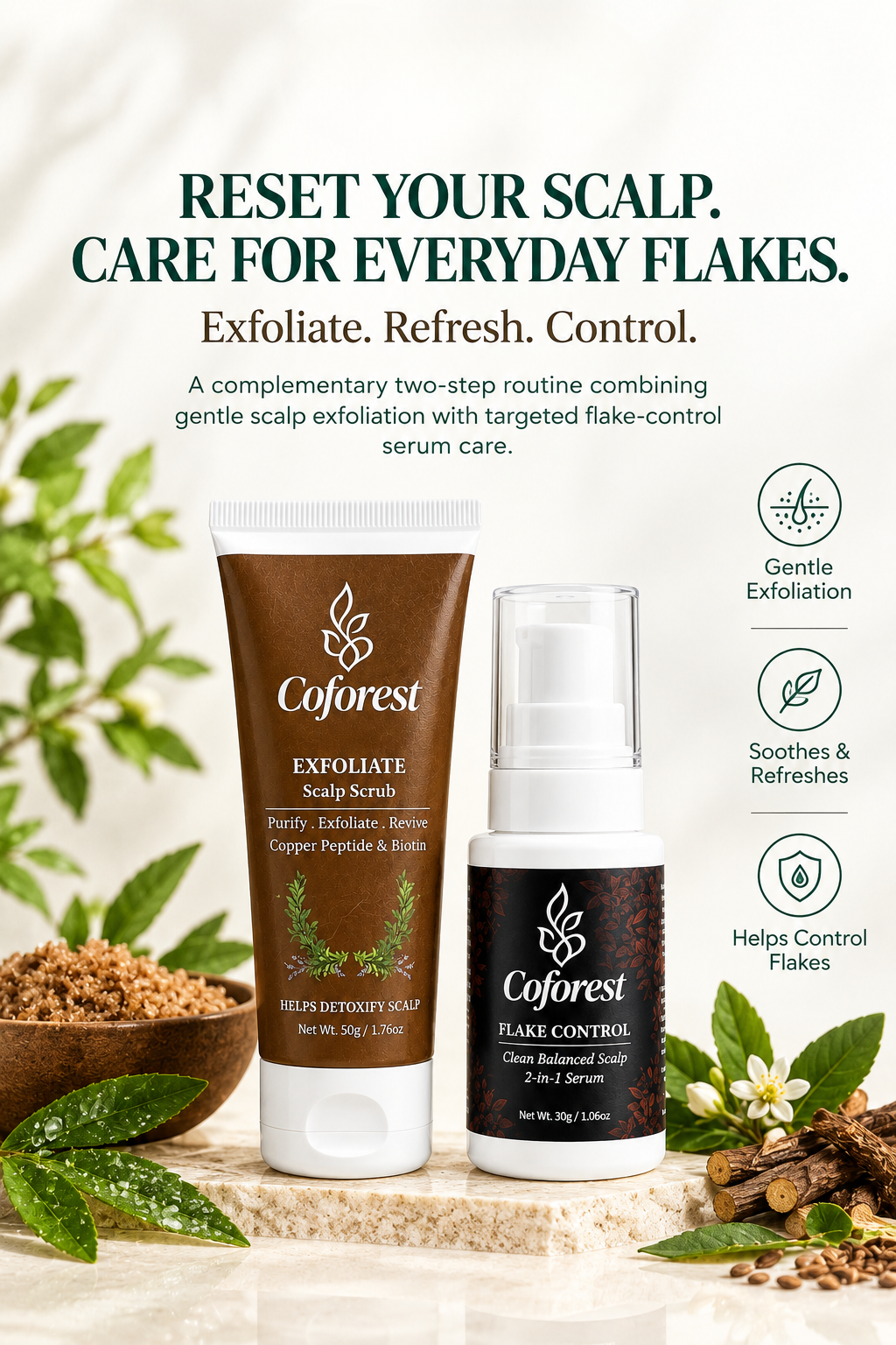Scalp Care Duo | Exfoliate Scalp Scrub + Flake Control Hair Serum | Scalp Exfoliation, Dandruff & Lice Control | Refreshing, Lightweight 2-Step Scalp Care Routine