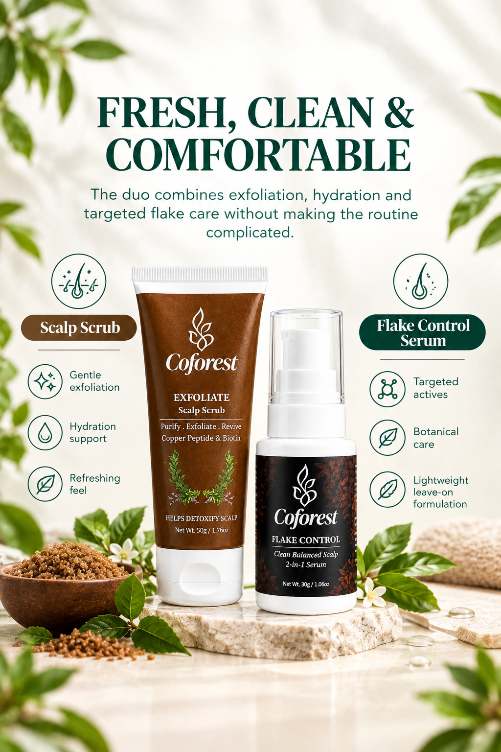 Scalp Care Duo | Exfoliate Scalp Scrub + Flake Control Hair Serum | Scalp Exfoliation, Dandruff & Lice Control | Refreshing, Lightweight 2-Step Scalp Care Routine