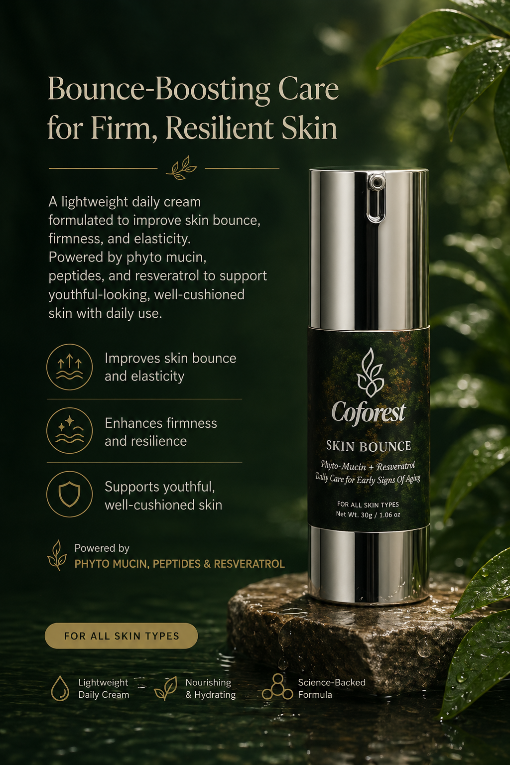 Skin Bounce Face Cream <br><br>With Peptides, Phyto Mucin & Resveratrol | Plump, Resilient, Youthfully Bouncy Skin | Anti-Aging, Hydrating, Helps Smoothen Finelines - 30g